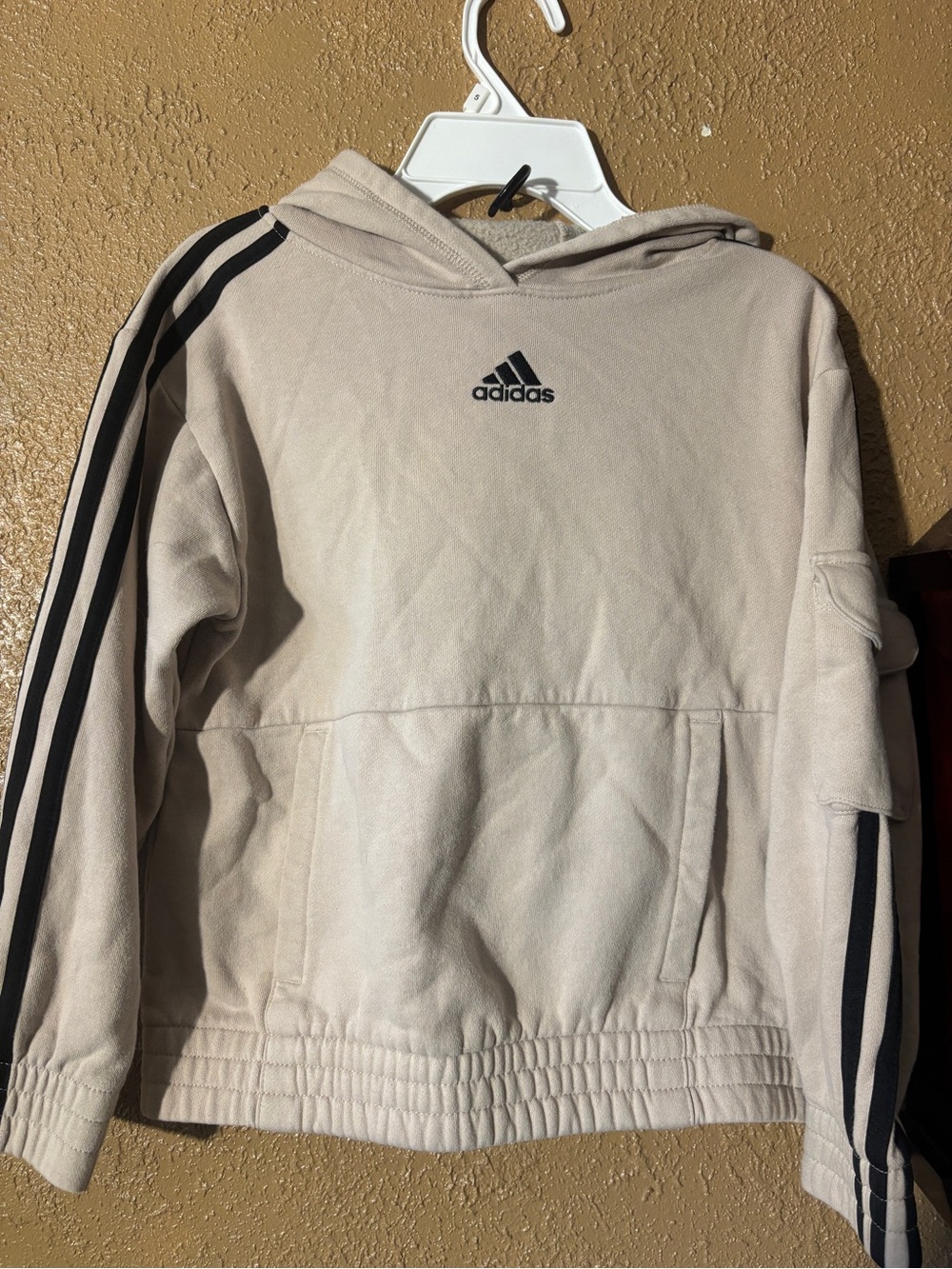 adidas Kids Beige Hooded Pullover with Black Stripes